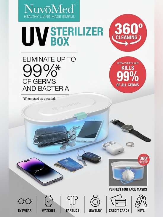 Nuvomed Other - NUVOMED UV Sterilizer Box Portable 360 Cleaning for Phones Masks Jewelry Watches